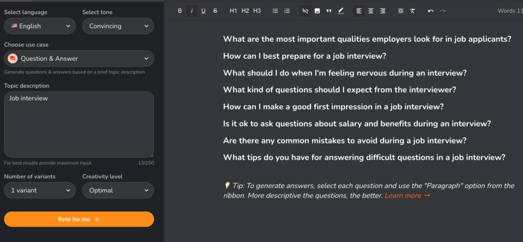 screenshot of Rytr, interview answer generator. 
