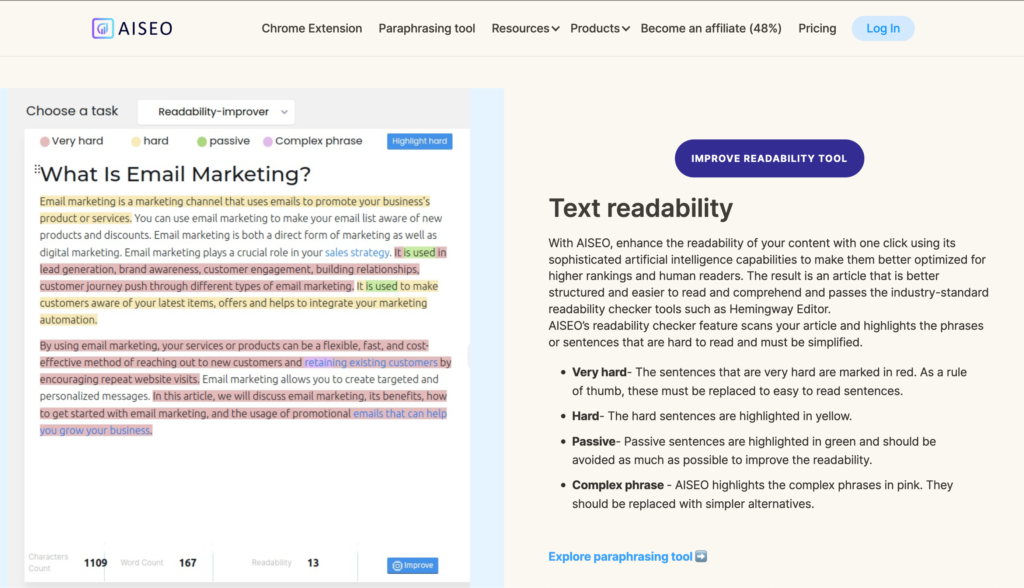 Showing a demo of the text Readability improver of AISEO
