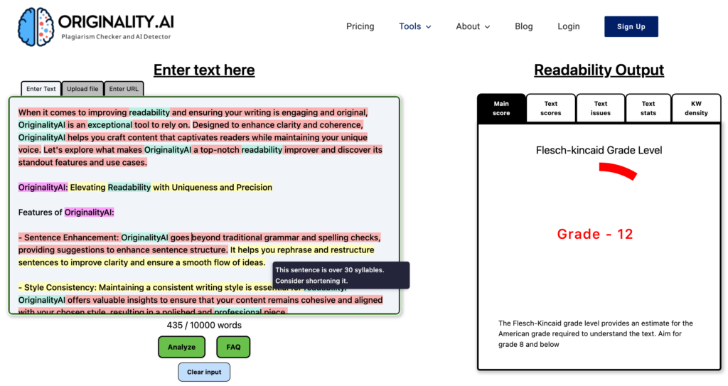 Demo of readability example of a text on Originality.AI