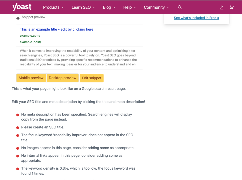 Showing an example of an SEO snippet preview from the Yoast SEO checker