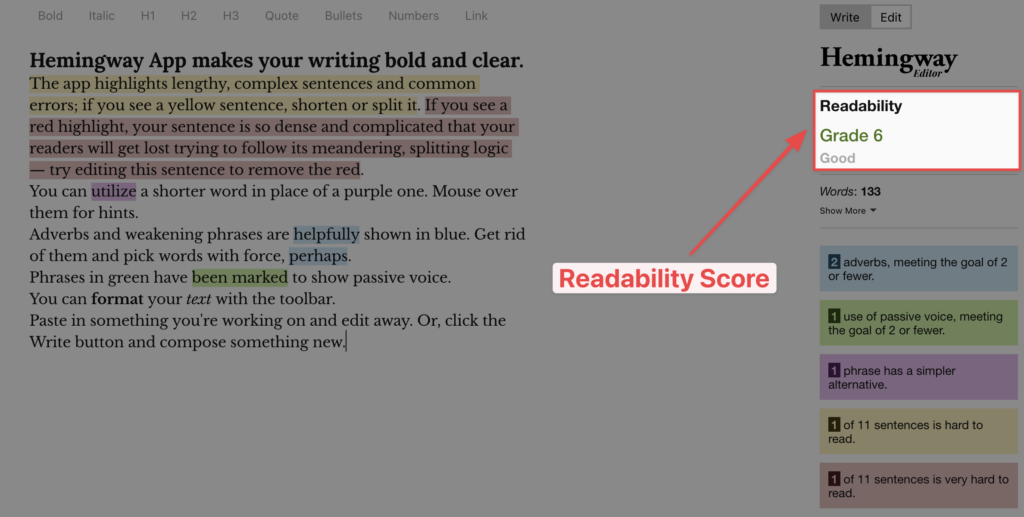 Checking readability score using Hemingway