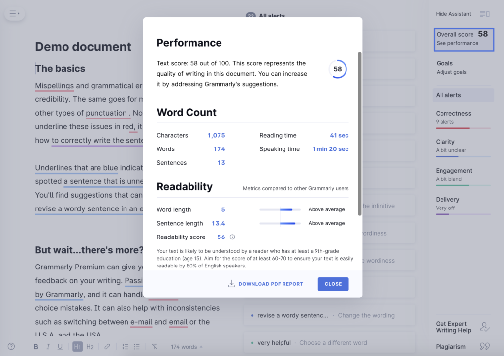 screenshot of Grammarly's performance checker.