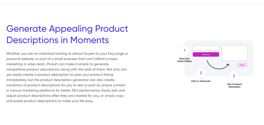 Picsart product description generator
