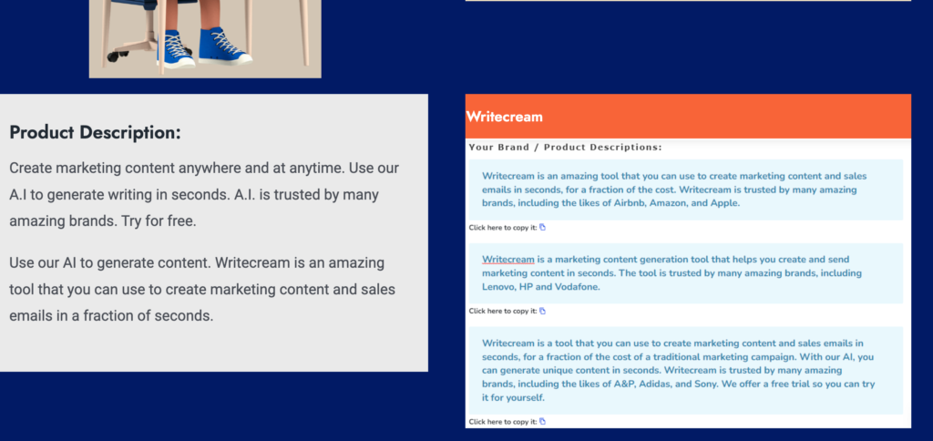 Writecream business description and company bio generator