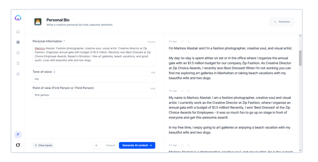 Jasper professional bio generator