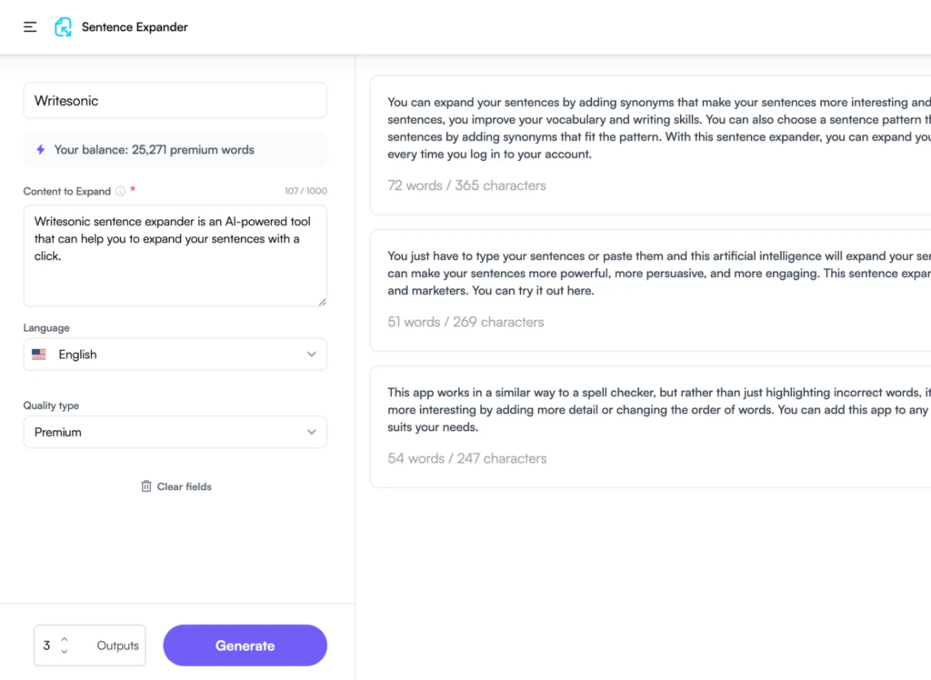 2. Writesonic AI Expander - Inflating sentences