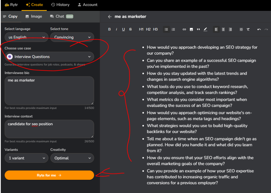 example for generating Interview questions with Rytr AI