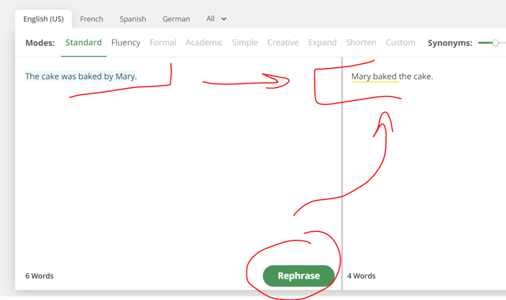 Example for rewriting passive to active voice sentence using Quillbot