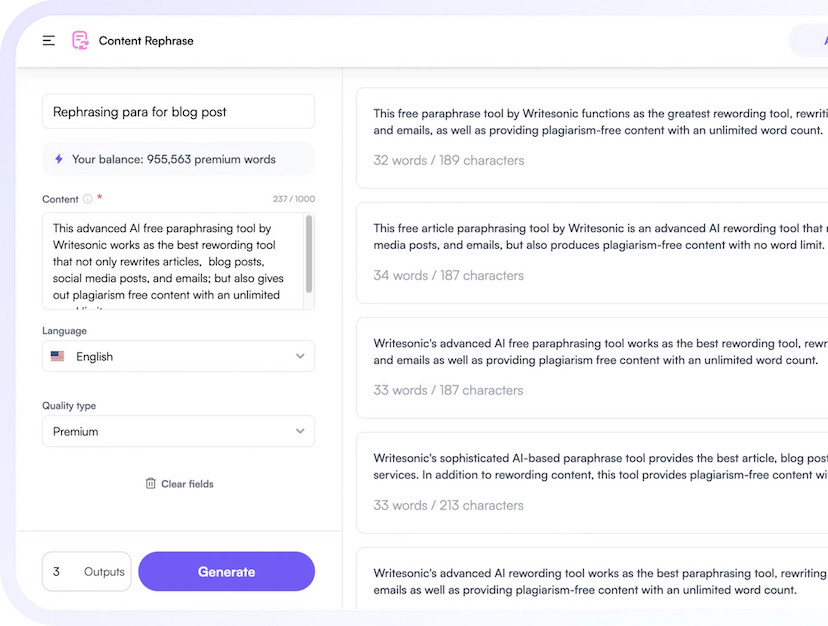 Writesonic AI formal paraphraser example