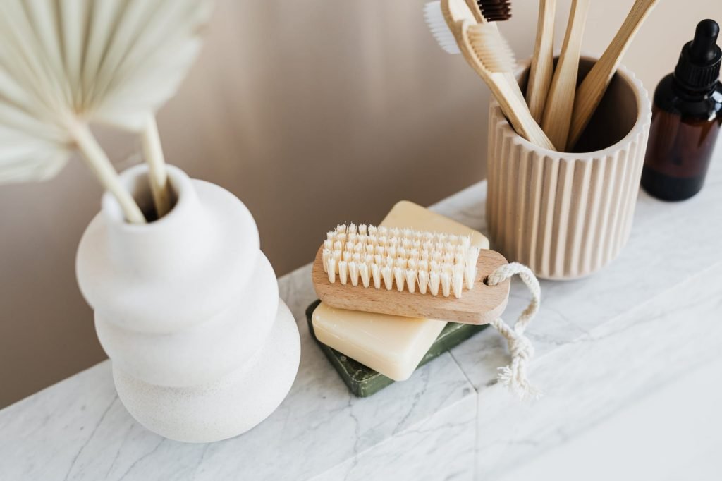 Set of natural toiletries on marble tabletop: best wood projects that sell online + guide