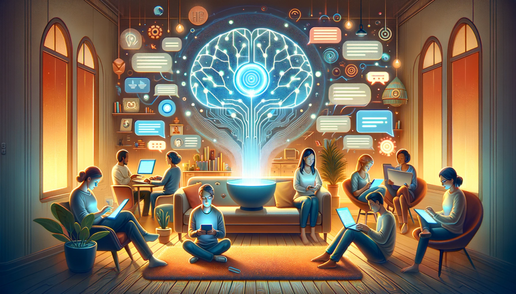 An editorial illustration for an article about 'Free AI Reply Generator (Best Tools)', now adding human characters and a cozy mood. The image features