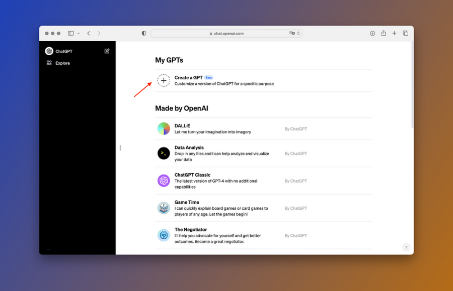 3. Go to “My GPTs” section 4. Click on “Create a GPT”