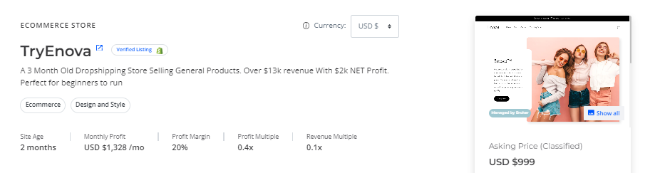 Shopify Store 9. Try Enova - sale listing page