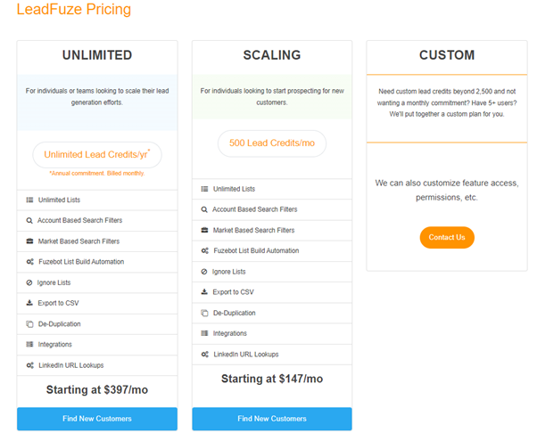 LeadFuze Pricing/screenshot