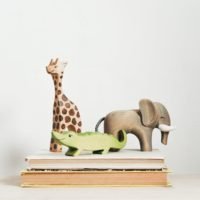 brown and green giraffe figurine on book