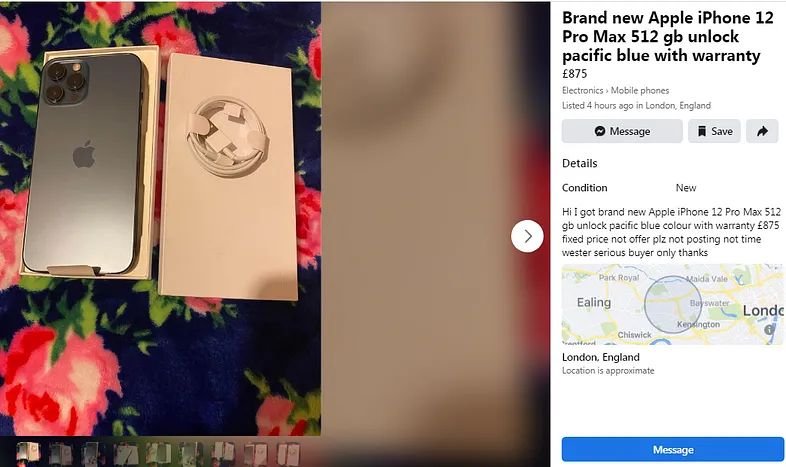 Facebook marketplace iPhone product page