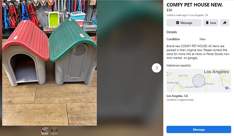 Facebook Marketplace product page (comfy pet house on sale)