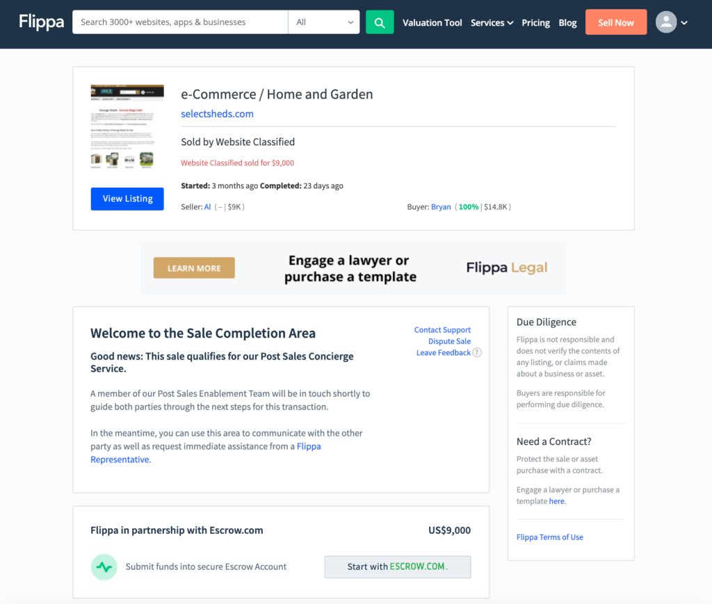 Website store sale completion area on Flippa