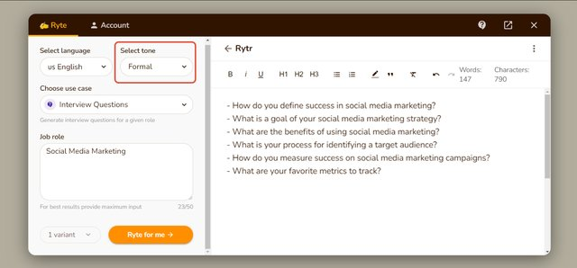 Rytr AI Question generator feature with generated questions results