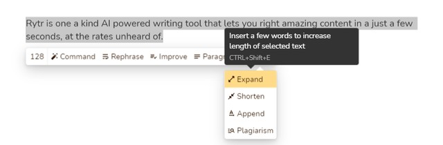 Rytr expand feature in its text toolbar.