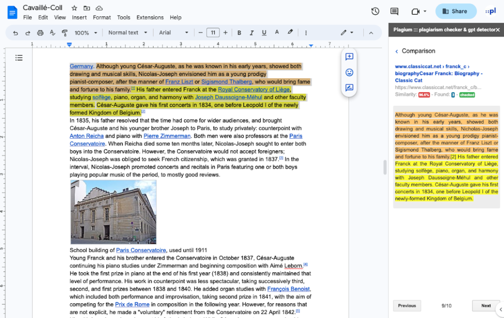 Plagium tool detect a text plagiarism in Google Docs.