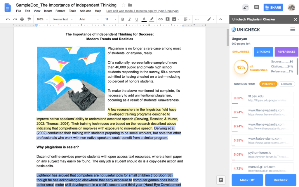 Unicheck checker detect plagiarism in a document in Google Docs.