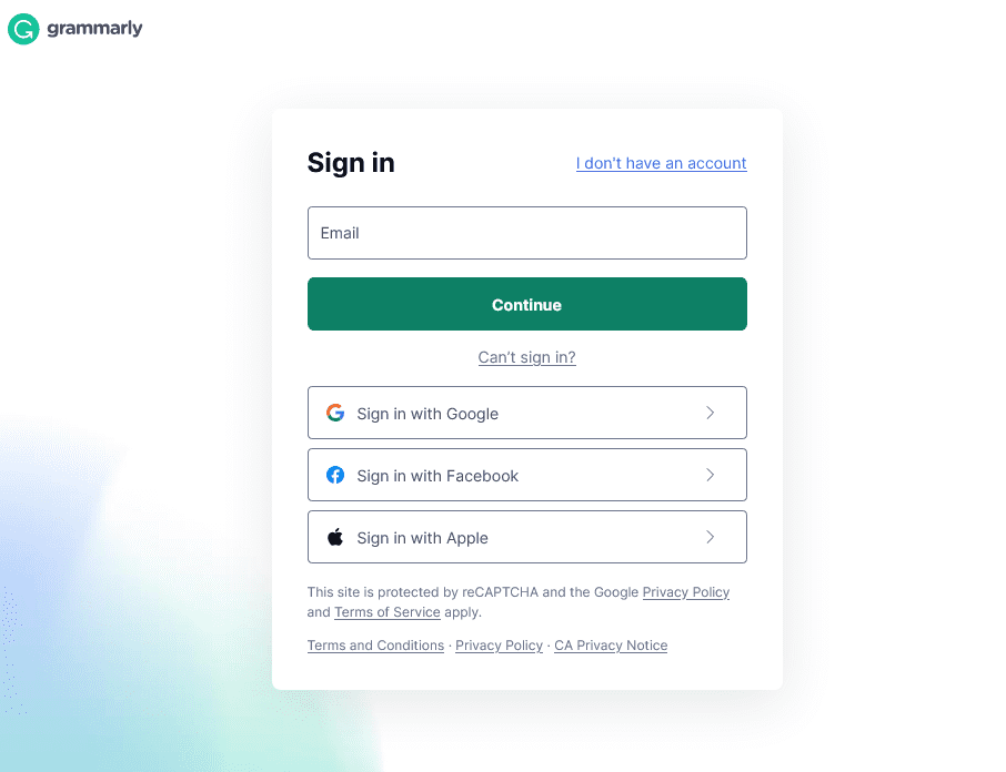 Grammarly sign in page