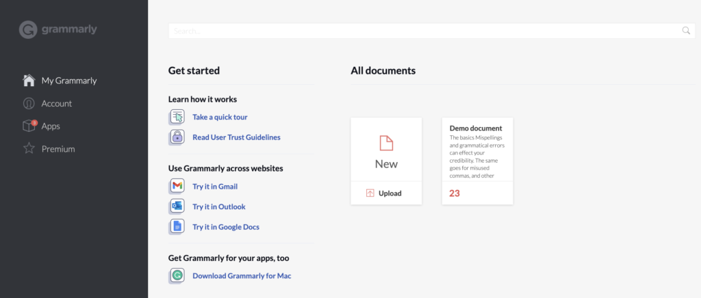 Grammarly dashboard when all documents shown