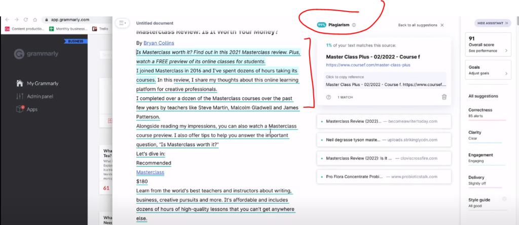 grammarly dashboard: reviewing plagiarism level/score showing of 99% in the text editor