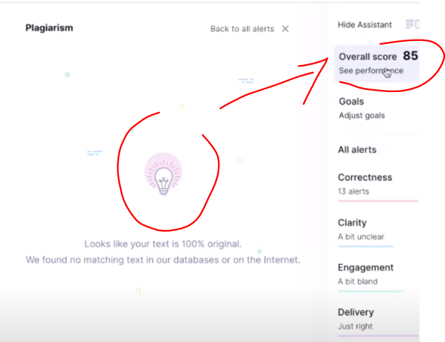 In the Grammarly dashboard, after fixing problems and checking for plagiarism, you'll see an overall score for your text displayed in the upper right corner of the sidebar menu. Here made 85/100 which is good as score.