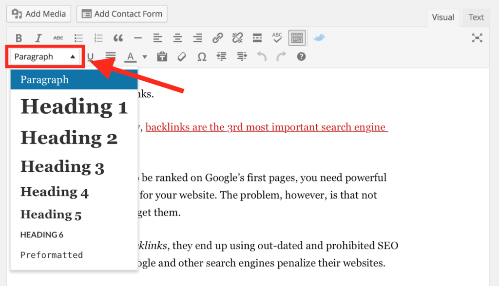 Headings in text editor screenshot