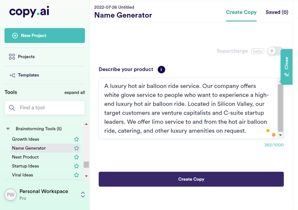 Copyai business name generaor feature - screenshot