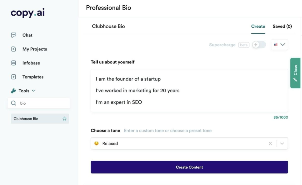 Copyai professional bio feature - screenshot