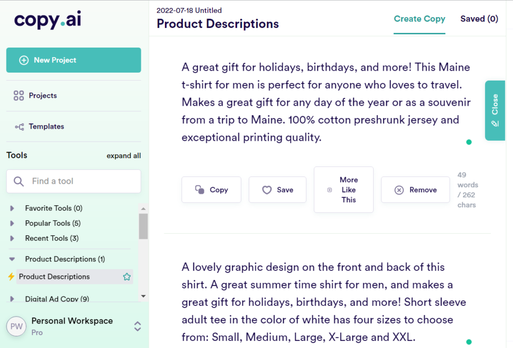 Copyai product descriptions feature - screenshot