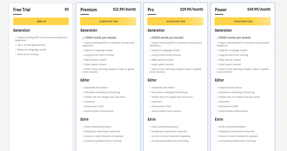 DeepStory AI pricing plans screenshot
