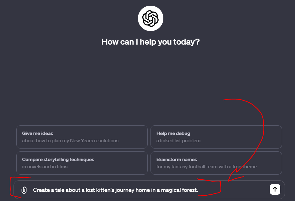 ChatGPT dashboard with a prompt input to make a story/tale