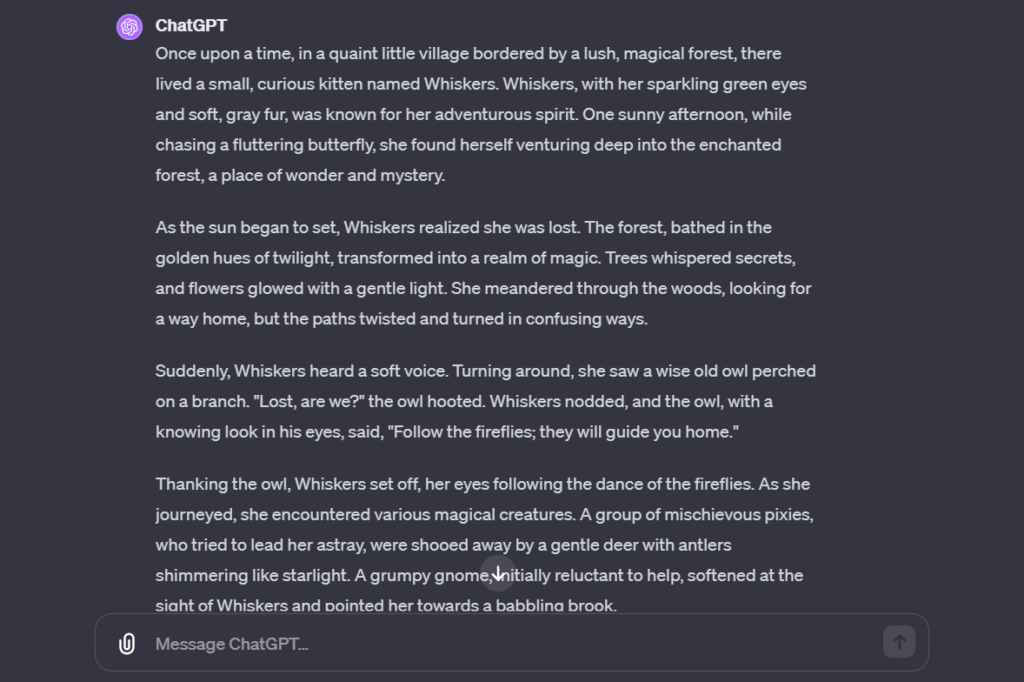 ChatGPT story text output from the last requested tale prompt