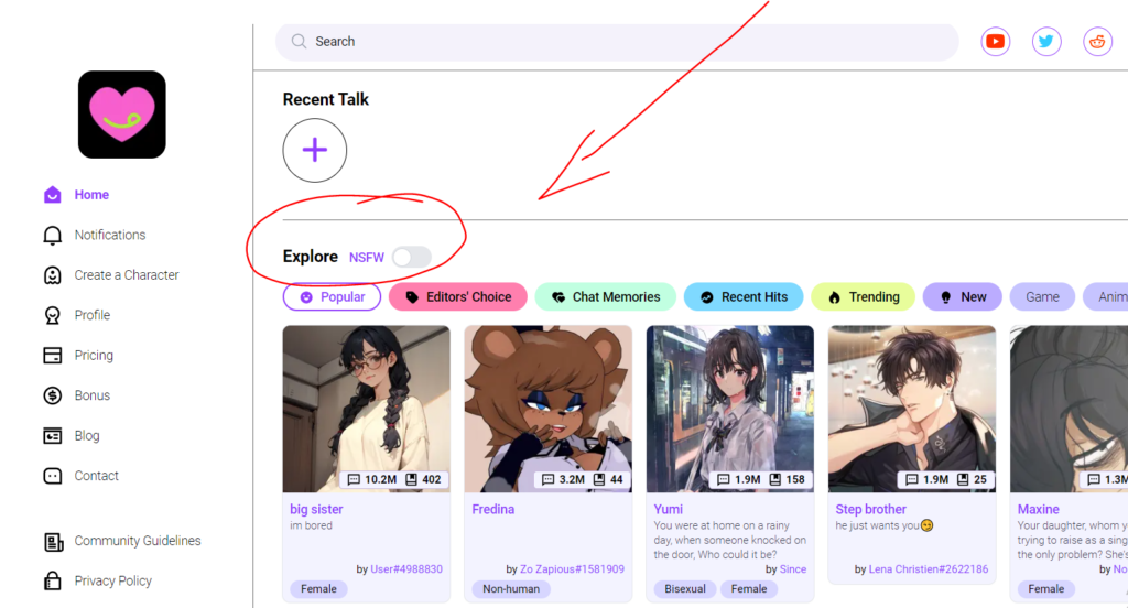 CrushonAI for Unfiltered characters - dashboard