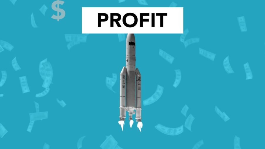illustration of rocket flying falling money banknotes - profit