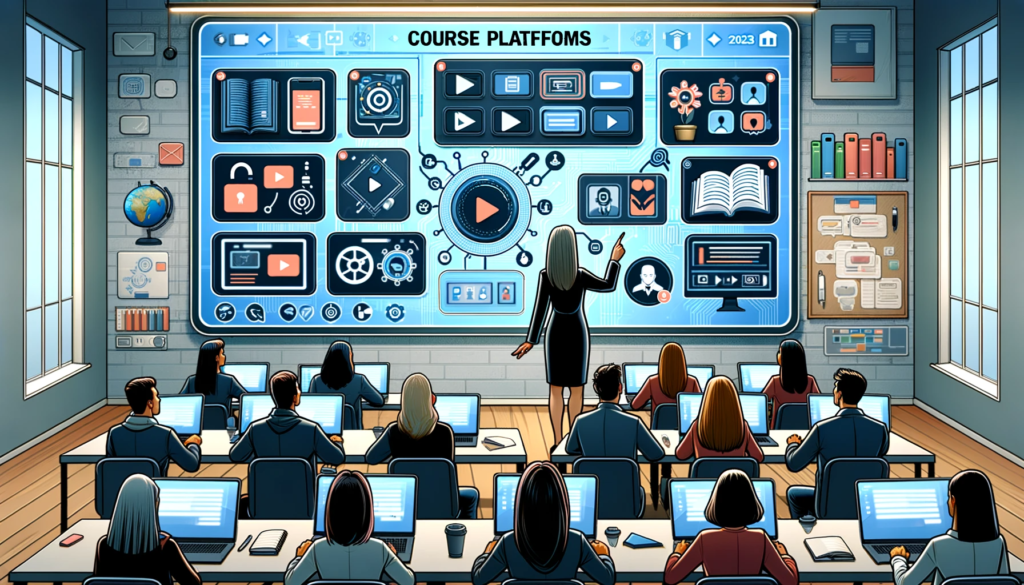 an illustration in a style depicting various course platforms for teachers. The image should show a teacher standing in front of a large, interactive screen...