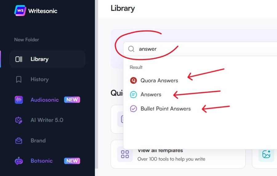 Writesonic dashboard with 3 options features to generate answers: quora answers, answers, and bullet point answers