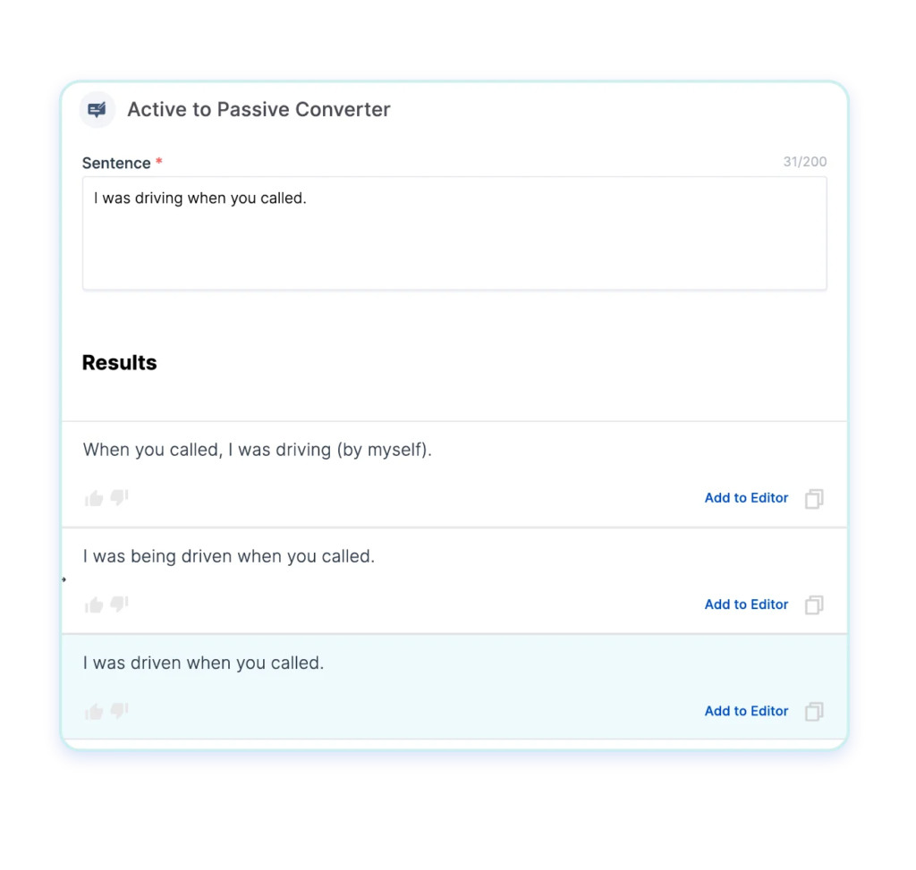 Scalenut active to passive converter with a sentence input and 3 results output