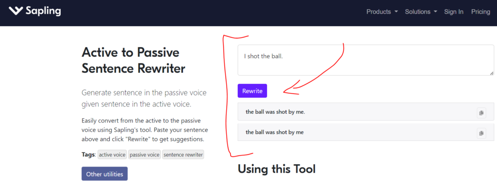 Sapling active to passive sentence rewriter tool example with input and output sentences