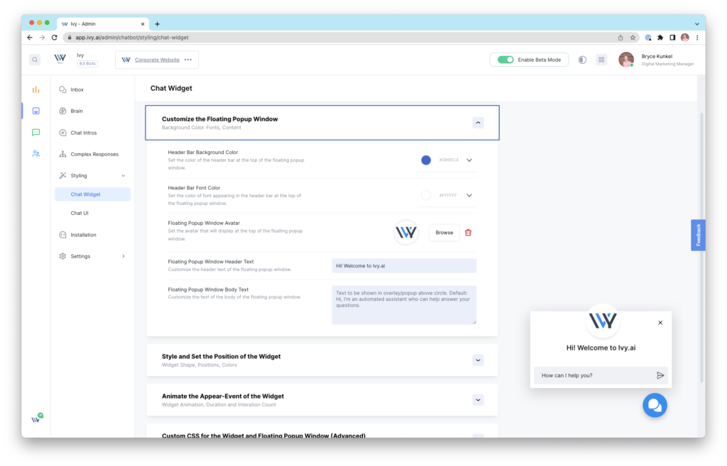 Ivy Chatbot dashboard