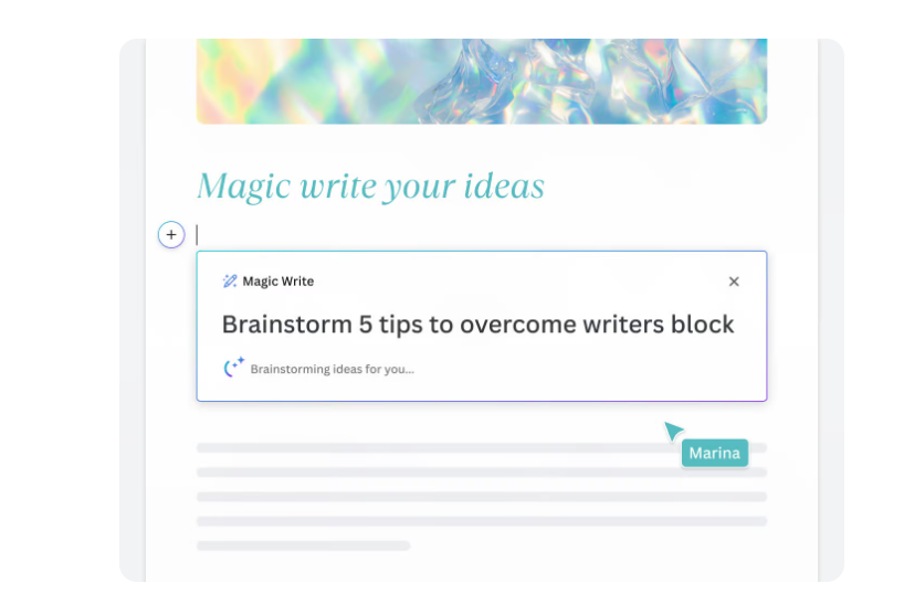 canva magic write example to brainstorm tips to overcome writr block