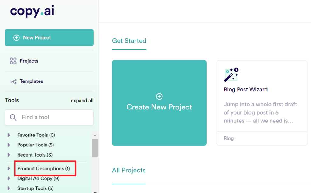 The image displays the CopyAI dashboard, featuring the Product Description tool prominently on the left sidebar.