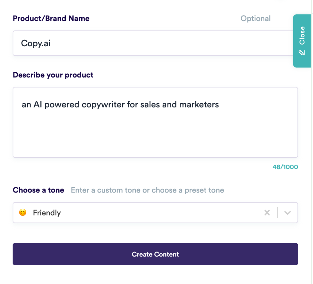 The image presents CopyAI's Product Description Feature Tool, complete with an example. It displays input sections for the product or brand name, a short product description, the option to select a friendly tone, and a 'Create Content' button.