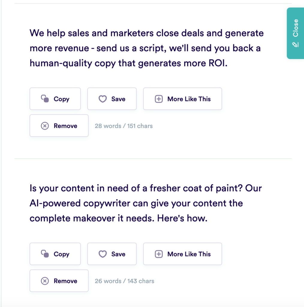 The image showcases the output from the previous example, featuring two distinct versions of product descriptions created using the CopyAI tool.