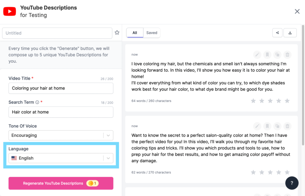 Writesonic's YouTube Description Feature: This tool displays an input section on the left, where you can enter your video title, search terms, and desired tone of voice in English. Once you click the generate button, the right side will present two versions of the crafted video descriptions.
