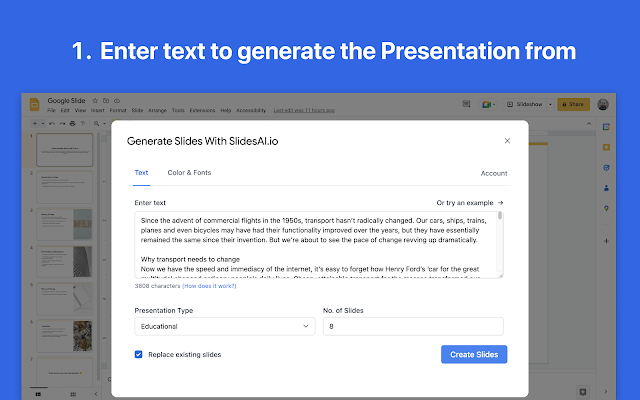 SlidesAI in Google Slide generating slides from entered text screenshot 